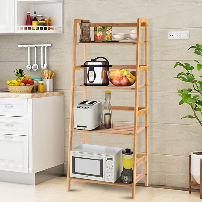 Bamboo Ladder Shelf, Multifunctional Plant Flower Display Stand, Storage Rack, Bookcase Bookshelf Natural (4 Tier)