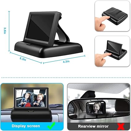 Baby Car Mirror, HD Night Vision Function Car Mirror Display, Safety Car Seat Mirror Camera Monitored Mirror with Wide Crystal Clear View, Aimed at Baby, Easily Observe the Baby’s Move(Not USB)