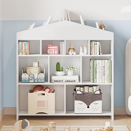 Kids Bookshelf 9-Cubby Toy Storage Organizer White Bookcase Toddlers Playhouse Cabinet Shelf for Boys Girls Wooden Storage Toy Shelf for Playroom, Nursery, Kids Room