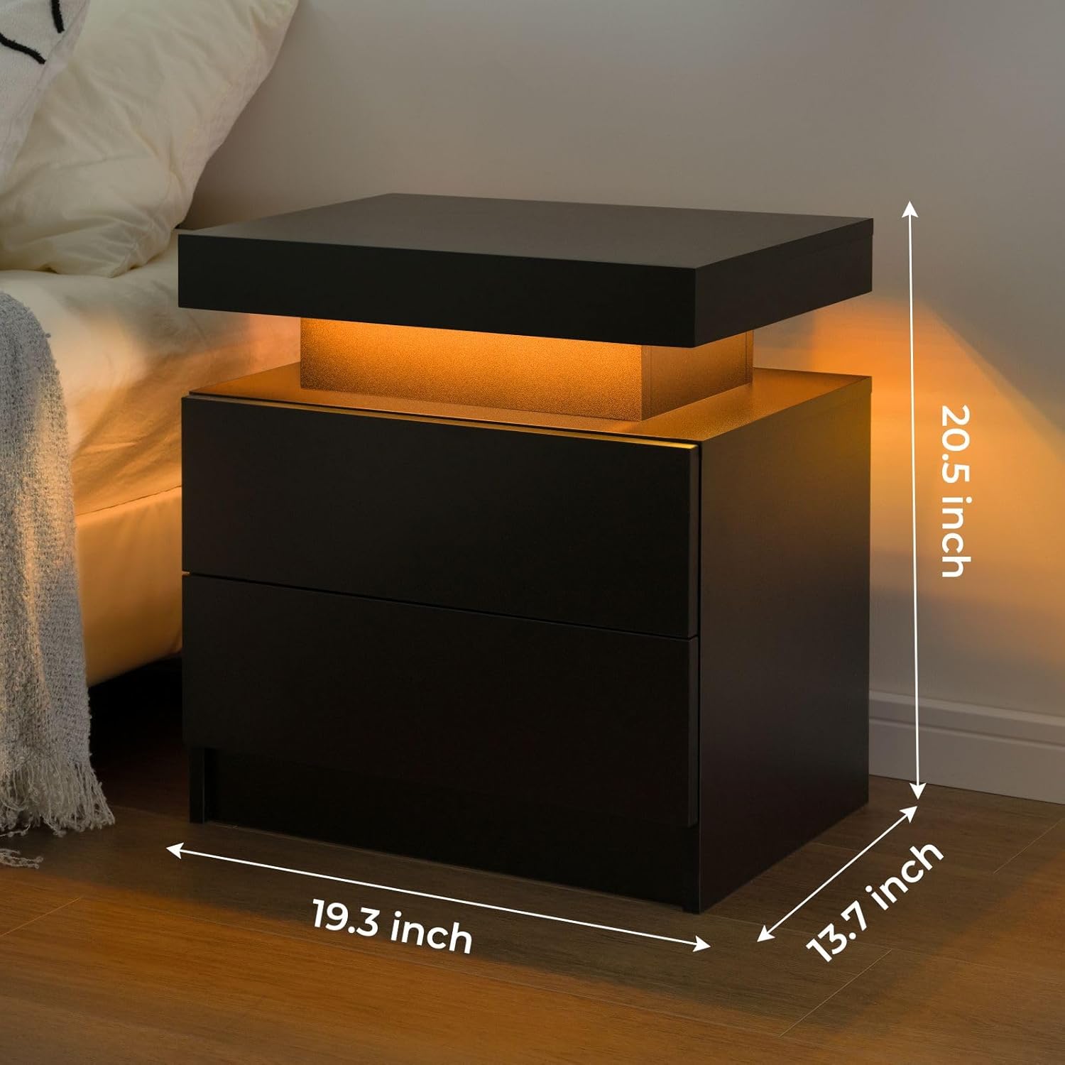1-Piece LED Nightstand with 2 Drawers, Bedside Table with Drawers for Bedroom Furniture, Side Bed Table, Black