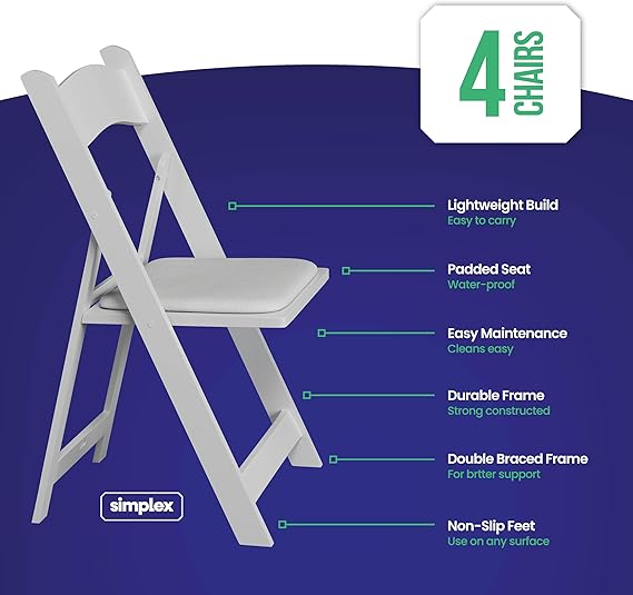 White Resin Stackable - Comfortable - Padded Seats - Indoor/Outdoor Folding Chairs for Events - 4 Pack