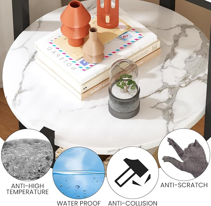 White and Black End Tables Set of 2, Round Marble Nightstand Set