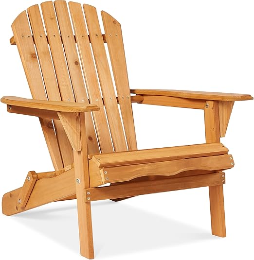 Folding Adirondack Chair Outdoor Wooden Accent Furniture Fire Pit Lounge Chairs w/  Weight Capacity - Natural