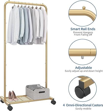 Standard Clothes Garment Rack, Clothing Rolling Rack with Mesh Storage Shelf on Wheels, Golden Yellow