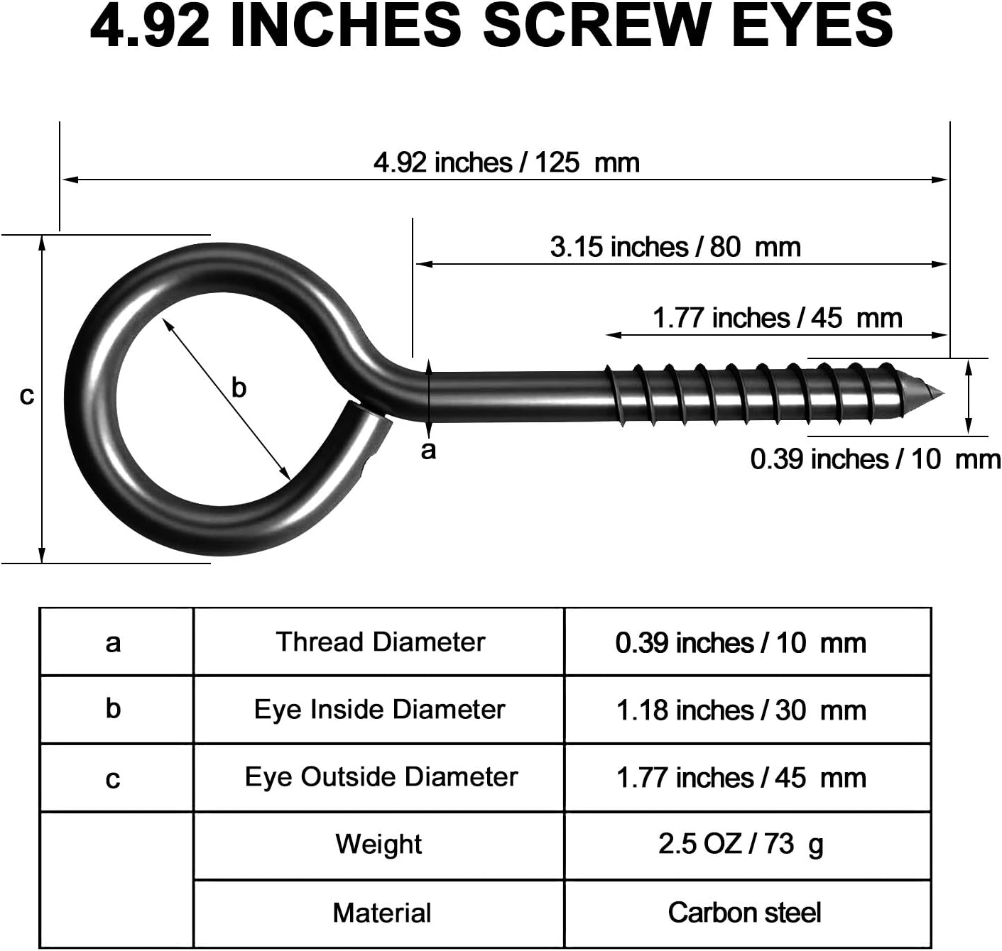 5 Inch Eye Hooks, Eye Bolts Screw 10 Pcs Heavy Duty Black Large Screw Eye Hooks for Hanging, Tie-Downs,
