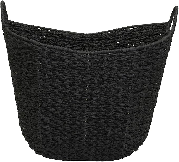 Black Paper Rope Basket with Handles, Natural Woven Wicker Storage Basket