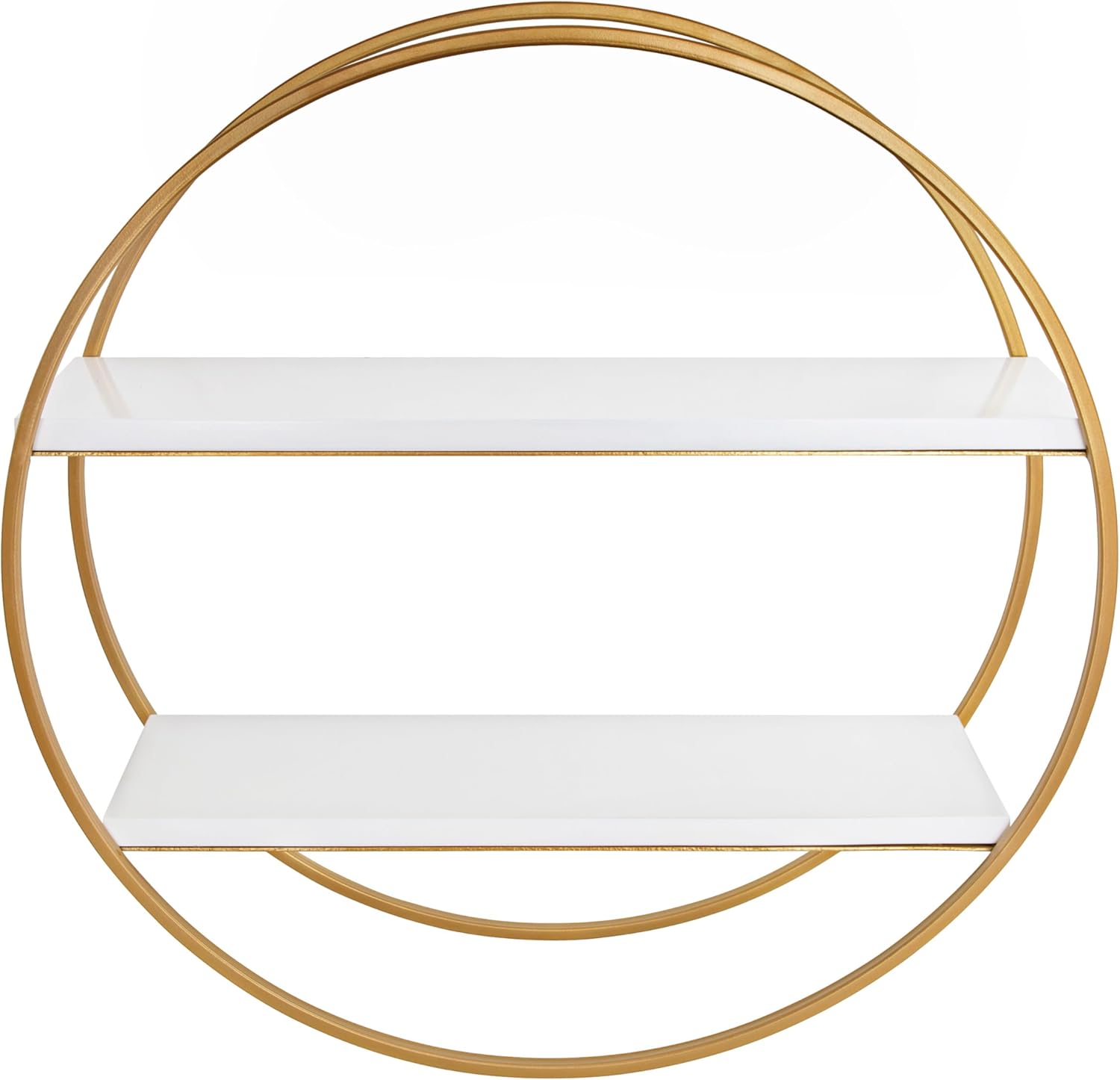 Sequoia Modern Round Wall Shelf, White and Gold, Contemporary Glam 2-Tier Floating Shelf Decor