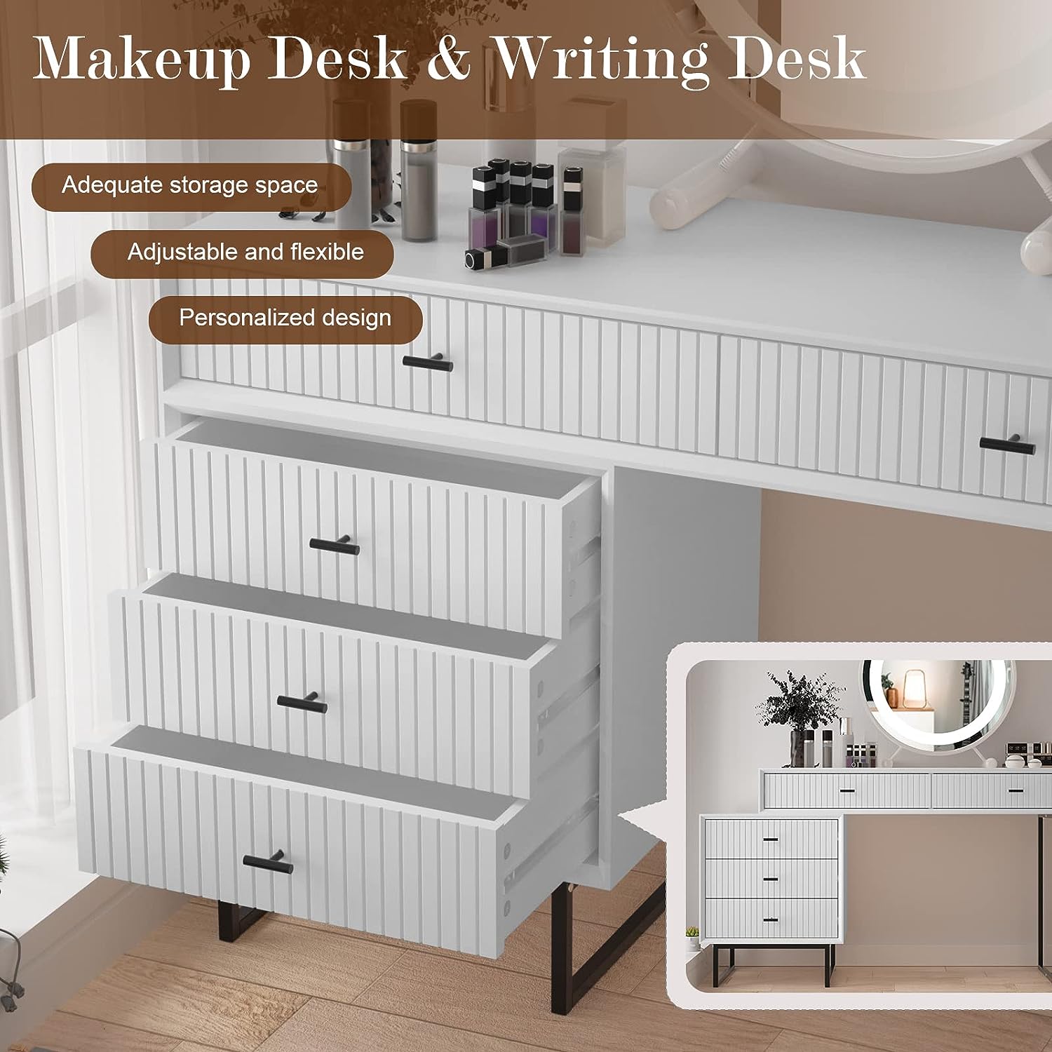 Large Vanity Desk with Drawers,Makeup Vanity Set with Movable 3-Drawer Chest,Modern Makeup Vanity Dressing Table(White)