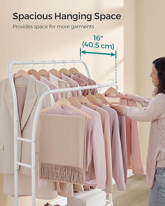 Clothing Rack with Shelves,Garment Racks Heavy Duty,Double Rod Clothes Rack with 6 Hooks, Clothes Storage and Display, Black