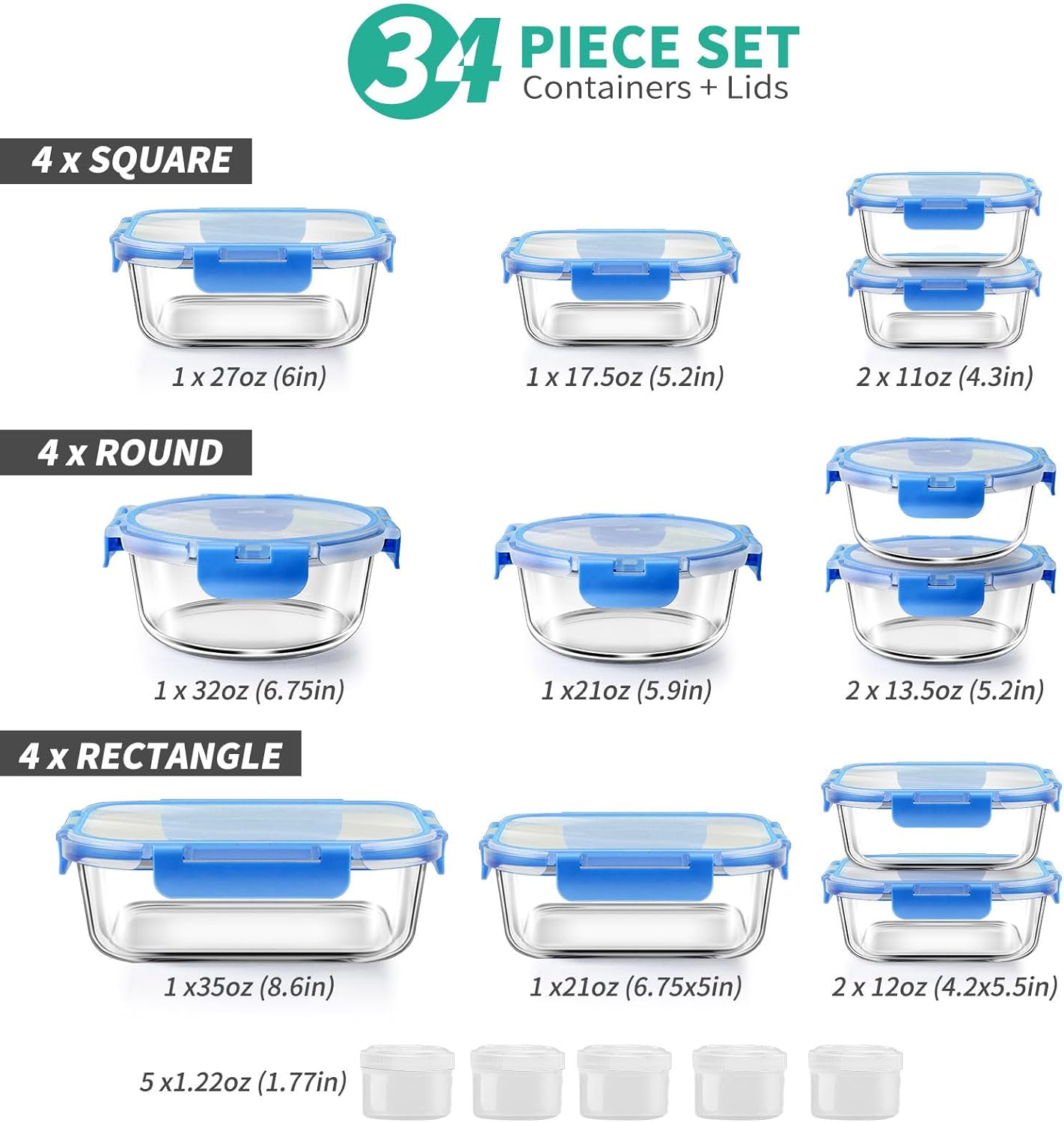 34pcs Glass Food Storage Containers with Lids Set, Airtight Glass Meal Prep Containers  Microwave, Oven, Freezer & Dishwasher,Blue