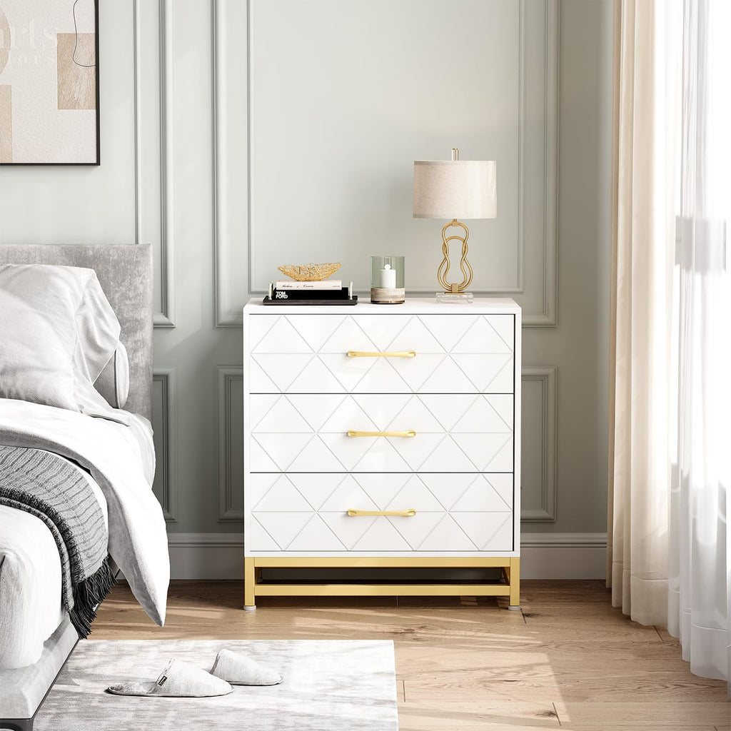 3 Drawer Dresser Wooden Bedside Storage with Gold Handles White