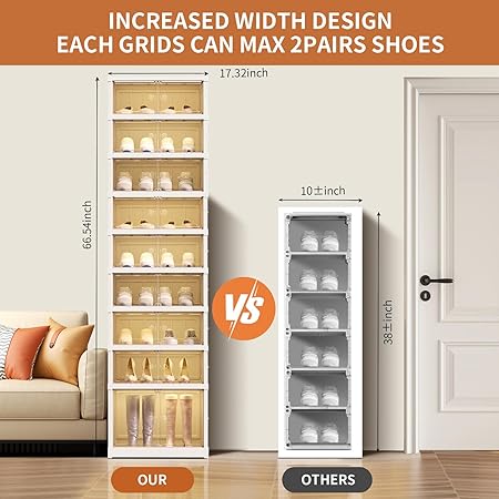 9-Tier Foldable Shoe Rack Organizer for Closet 18Pairs Plastic Shoe Shelf Collapsible Shoes Storage Box Clear Shoe Boxes Stackable with Door Easy Assembly Shoe Cabinet with Lids Large