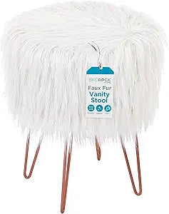 White Faux Fur Vanity Stool Chair - Soft Furry Compact Padded Seat - Vanity, Living Room, Bedroom and Kids Room Chairs - Hair Pin Metal Legs Upholstered Decorative Furniture Foot Rest