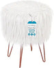 White Faux Fur Vanity Stool Chair - Soft Furry Compact Padded Seat - Vanity, Living Room, Bedroom and Kids Room Chairs - Hair Pin Metal Legs Upholstered Decorative Furniture Foot Rest