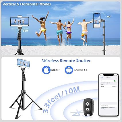 Phone-Tripod, Extendable Cell Phone Tripod Stand & Selfie Stick with Wireless Remote and Phone Holder, Compatible with iPhone Android Phone, Camera