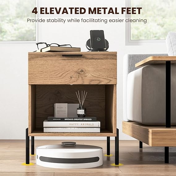 Nightstand with Charging Station, Small End Table with Drawer and Open Storage Shelf, Bedside Table with Metal Feet, Bed Side Table for Small Spaces, Bedroom, Living Room, Entryway