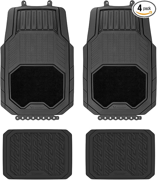 Weather Car Floor Mats Heavy Duty 4 pc Smart Trim Tailor Fit Clint Back Secure GripClip Full Coverage Odorless Non-Slip Carpet & Rubber Liners-Deep Dish Floor Mats – Black