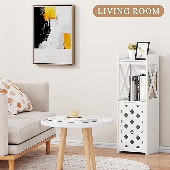 Bathroom Storage Cabinet, White Bathroom Floor Cabinet Freestanding Organizer with Door and Open Shelf for Kitchen Living Room Narrow Space