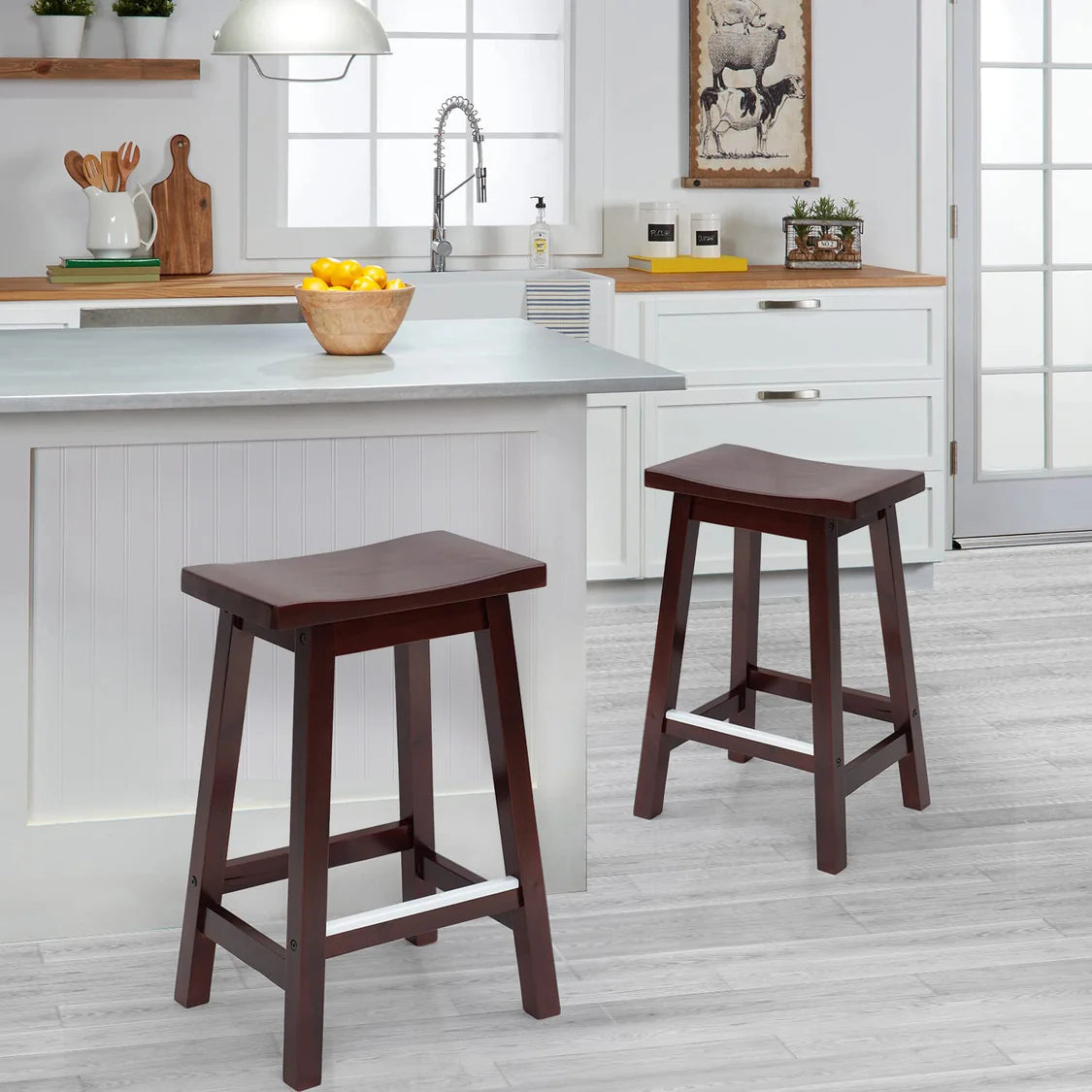 Bar Stools Set of 2 for Kitchen Counter Solid Wooden Saddle Stools Home Furniture Barstool, Brown