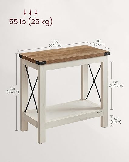 2-Tier End Table, Side Table with Bottom Shelf, Nightstand, Rustic White and Honey Brown