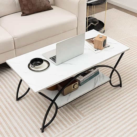 2-Tier Rectangular Coffee Table, Faux Marble Table with Open Storage Shelf, Black Finished Metal Frame, Modern Center Table (White+Black)