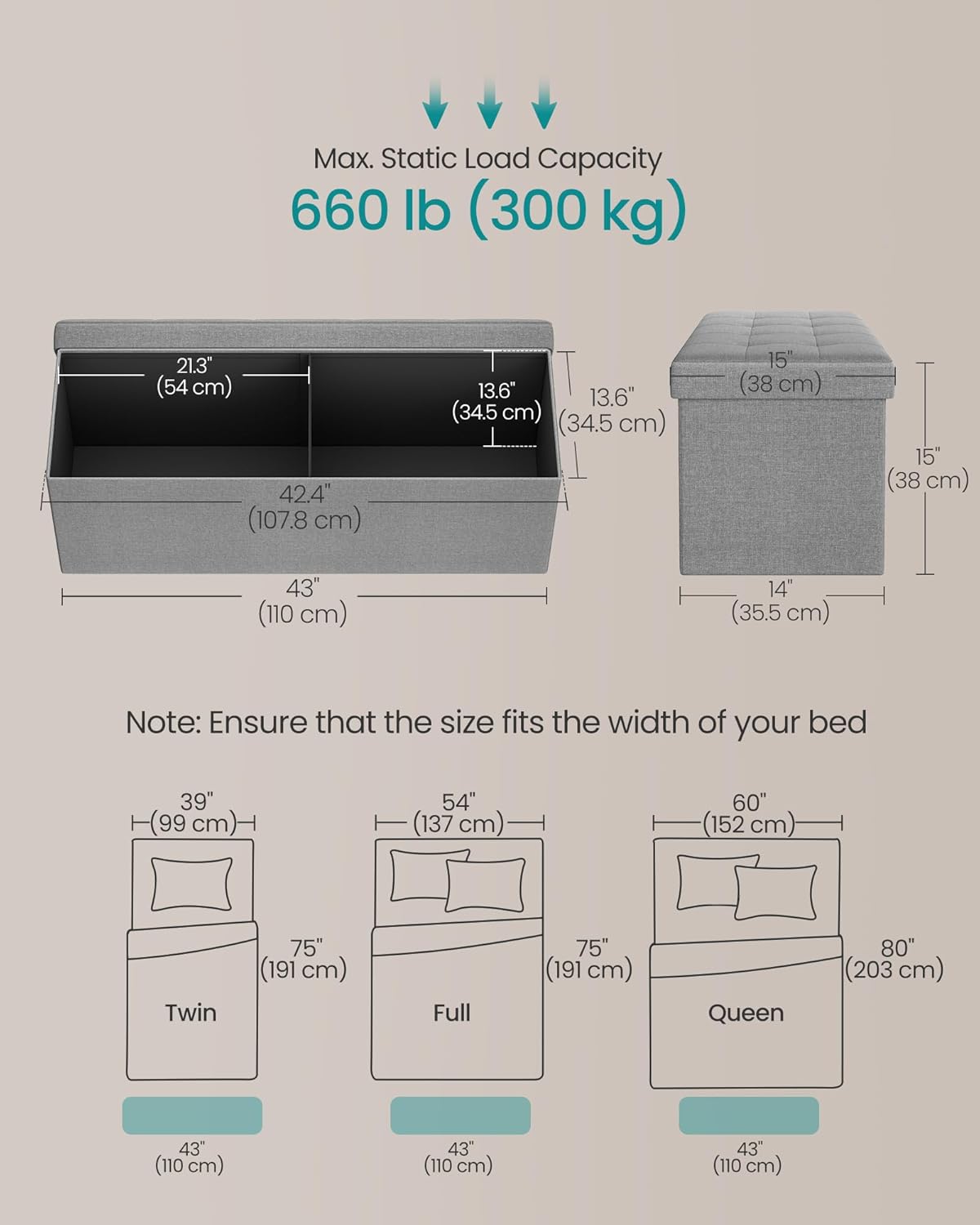 MAZIE Collection - Folding Storage Ottoman Bench, Ottoman Foot Rest, End of Bed Bench, Storage Chest, Light Gray