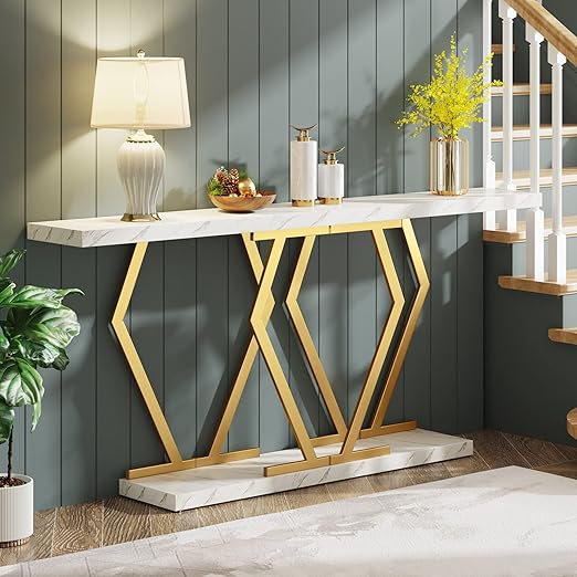 White and Gold Console Table with Faux Marble Tabletop