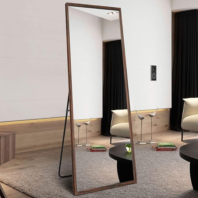 Wooden Full Length Mirror, Floor with Standing Holder Leaning/Hanging Wood Frame Large Wall-Mounted Brown Wood