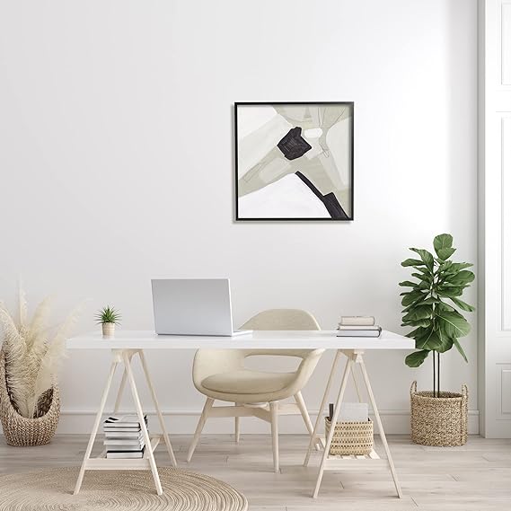 Abstract Shape Arrangement Neutral Tan Modern Painting, Designed by Melissa Wang Black Framed Wall Art, Off- White