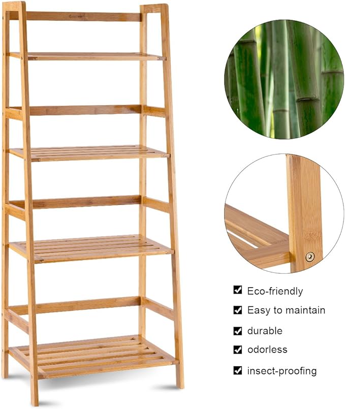 Bamboo Ladder Shelf, Multifunctional Plant Flower Display Stand, Storage Rack, Bookcase Bookshelf Natural (4 Tier)