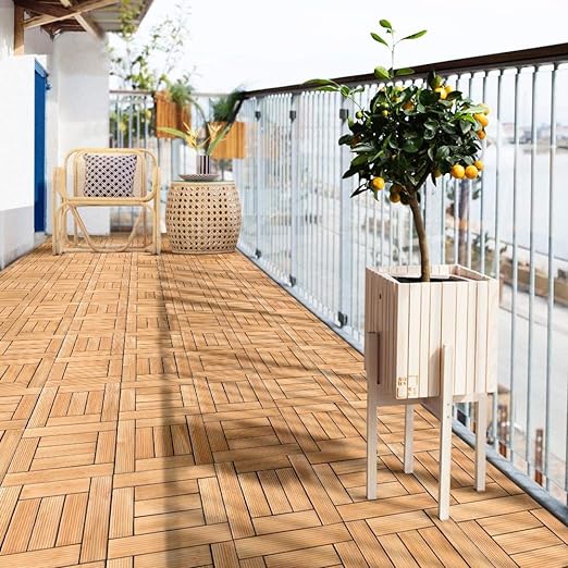 27PCS Natural Wood Deck Tiles Interlocking Patio Deck Tiles Solid Wood and Plastic Indoor&Outdoor