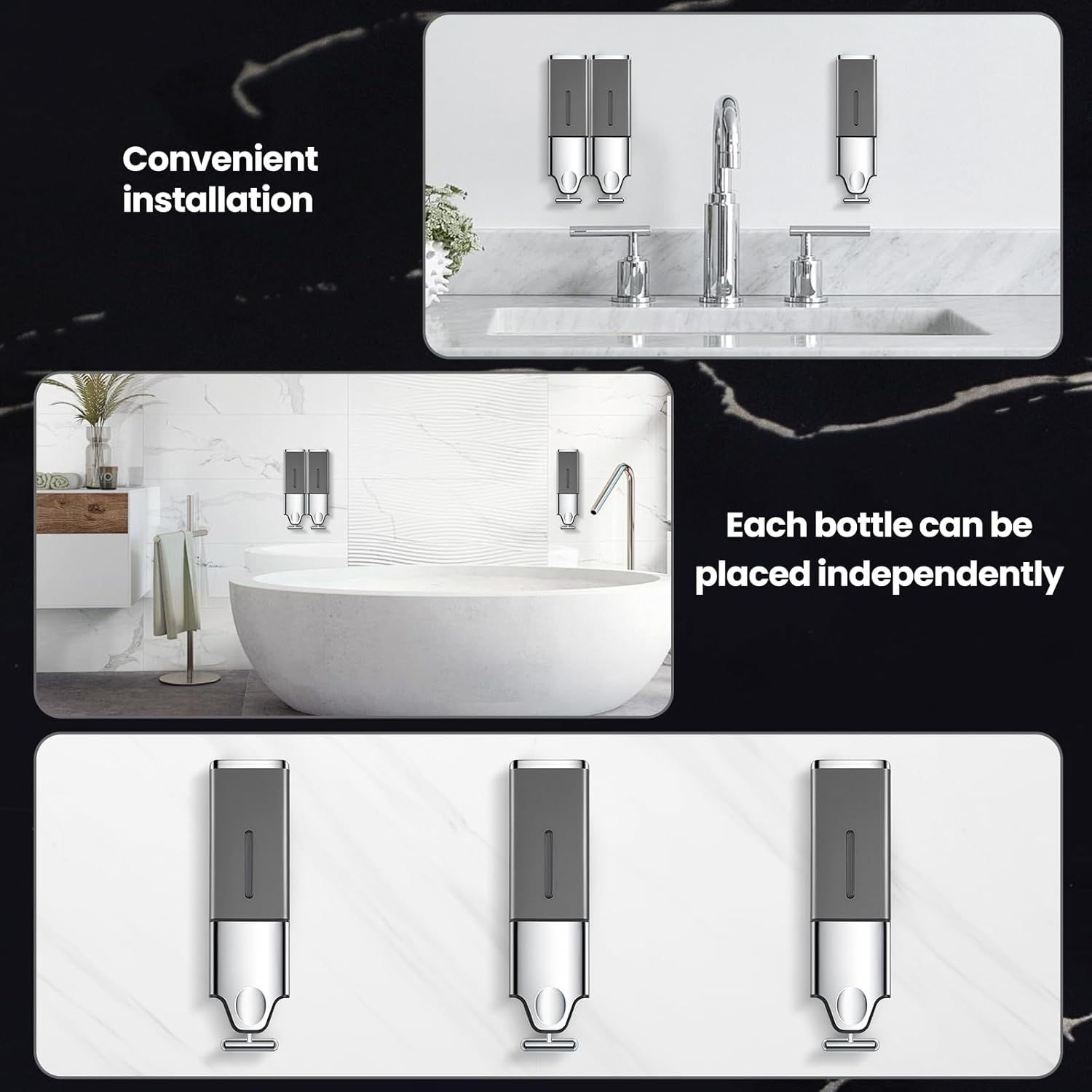 3-in-1 Quadrate Dispensers, No Drilled Wall Mounted Distributor,Hotel,Bathroom,Home (Triple, Grey)