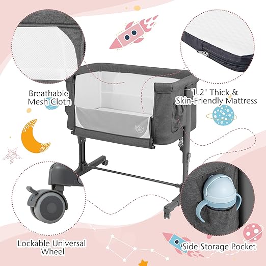 Bassinet Bedside Sleeper, 3 in 1 Folding Crib w/Adjustable Height, Mattress, Lockable Wheels, Storage Pocket & Carry Bag for Infant Newborn, Stationary & Rock, Portable Baby Bassinet (Grey)