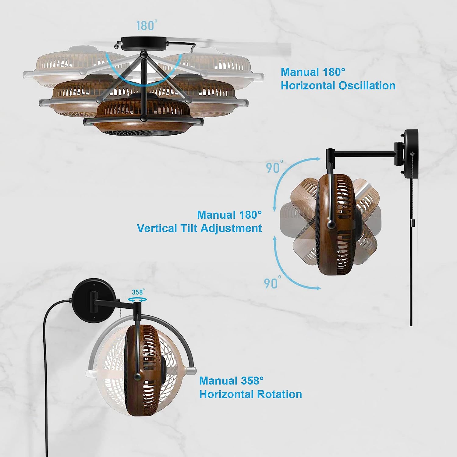 Room Fan Plug In Wall Mount Fans Indoor Ceiling Fan with Plug in Cord Wall-mounted Fan ...