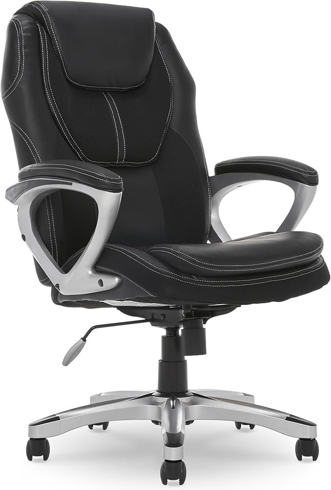 Amplify Executive Office Padded Arms, Adjustable Ergonomic Gaming Desk Chair with Lumbar Support, Faux Leather and Mesh, Black