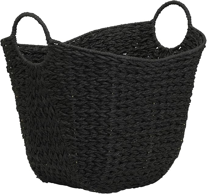 Black Paper Rope Basket with Handles, Natural Woven Wicker Storage Basket