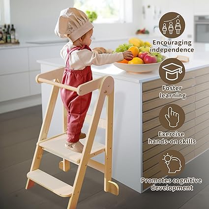 Foldable Toddler Tower Preassembled Kitchen Stool, Natural