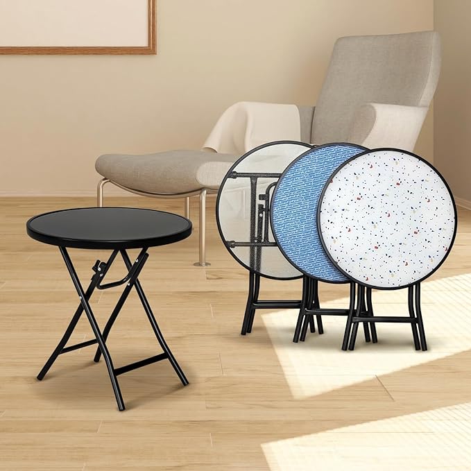 Bistro Table Folding Side Table with Tempered Glass Tabletop,Small End Table, Blue