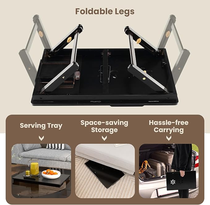 100% Bamboo Laptop Desk with Tilting Top & Drawer, Height Adjustable Portable Breakfast Serving Bed Tray with Heat-Dissipation Holes, Folding Bed Table for Surfing Reading Writing Eating