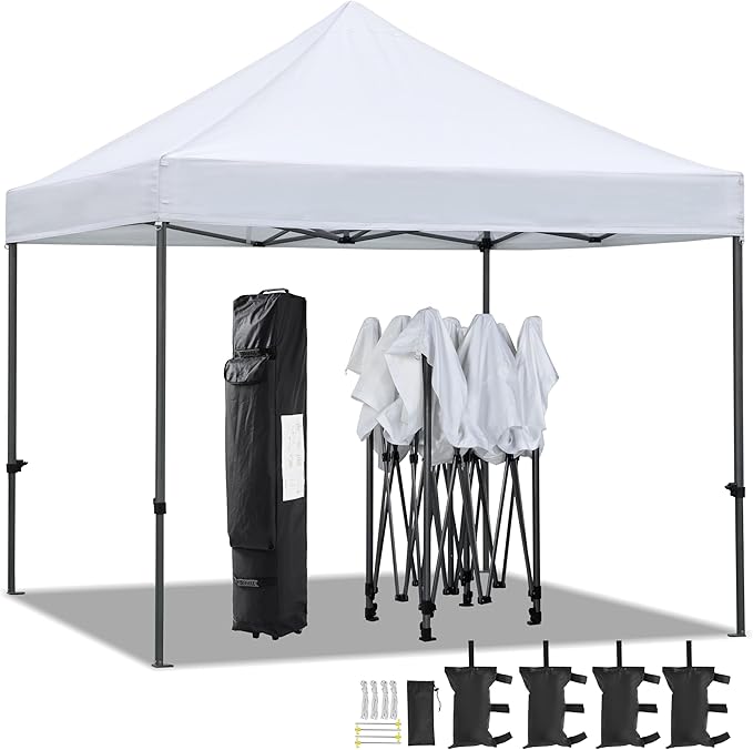 Canopy Tent, Commercial Instant Heavy Duty Canopy, 500D Waterproof Adjustable Canopy with Wheeled Carry Bag, 4 Sandbags and 4 Stakes (White)