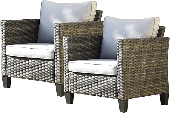 Patio Chairs Set of 2, Outdoor Weather Resistant Dining Chairs,Porch Chairs with Deep Seating and Soft Cushions (Grey)