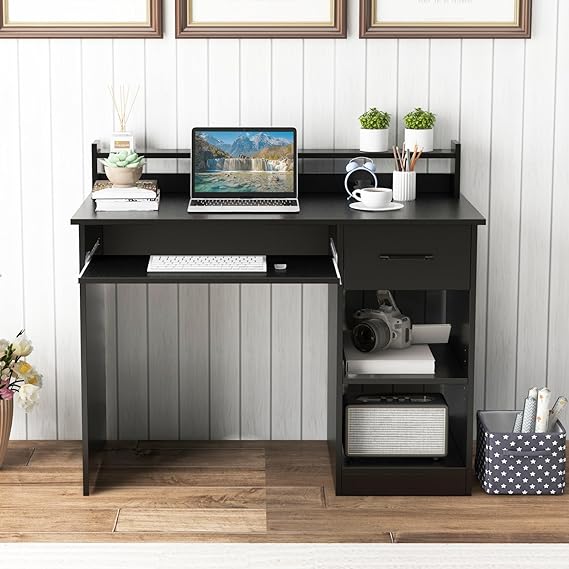Computer Desk, Office Desk with Drawers, Hutch, Keyboard Tray & Adjustable Shelf, Small Desk with Storage, Modern Home Office Desks, Black Desk for Bedroom, Living Room, Study (Black)
