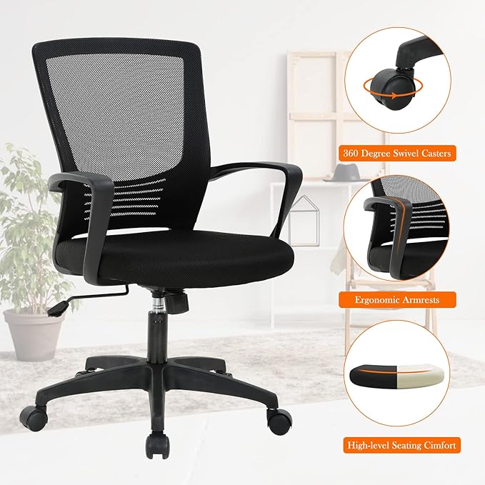 Ergonomic Office Mesh Computer Chair with Back Lumbar Support Arms, Black