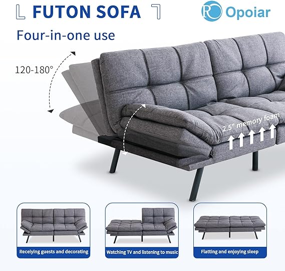Bed,Memory Foam Convertible Loveseat Couch, Sleeper Sofa Modern Futon Sets Sofabed, Grey