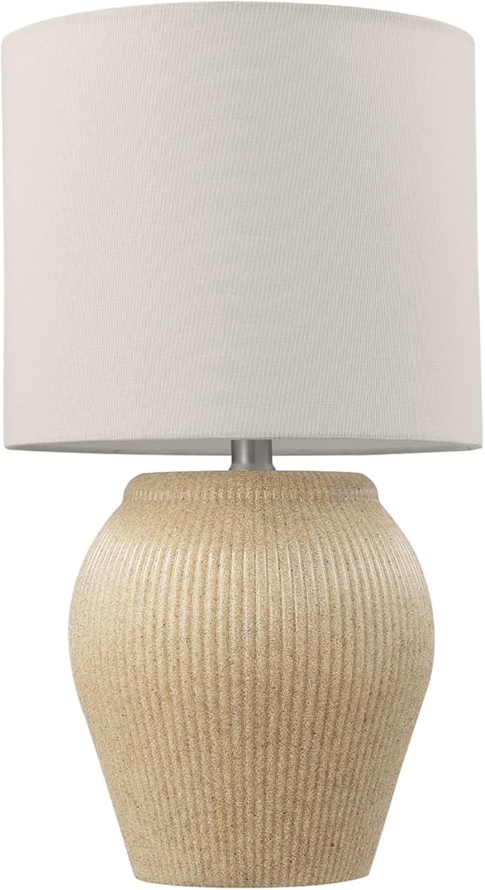 GLOBE Electric 61000049 18" Ceramic Table Lamp, Soft Beige Finish, Textured Base, White Linen Shade, On/Off Rotary Switch on Socket, Modern Light for Living Room, Bedroom, or Kitchen SHOWROOM ITEM