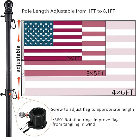 Black Flag Poles for Outside House inground - Metal Outdoor Yard House in Ground Flag Pole Holder for Porch with 2 Pronges Base - American Flag with Pole for House