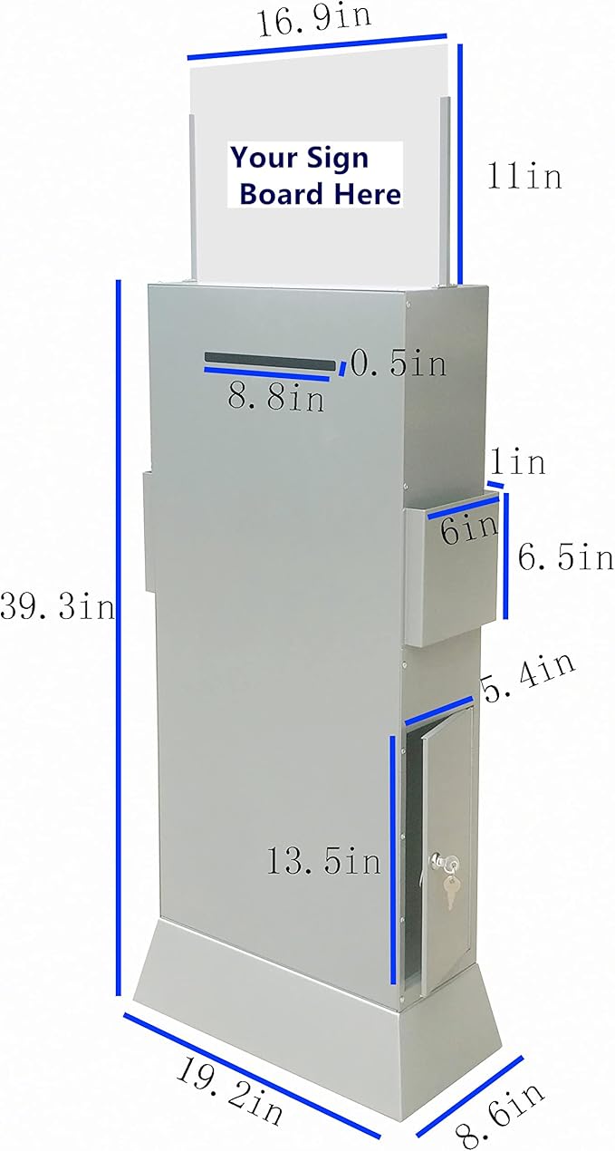 Metal Ballot Box w/Side Pockets Header, Floorstanding - Matte Grey Unique Lock/Keys