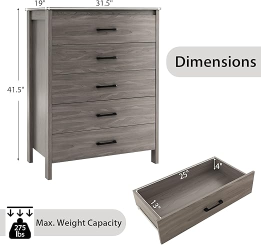 5-Drawer Chest Dresser for Bedroom - Multipurpose Storage Clothes Organizer with Metal Handles, Anti-Tip Kit, Chest of Drawers