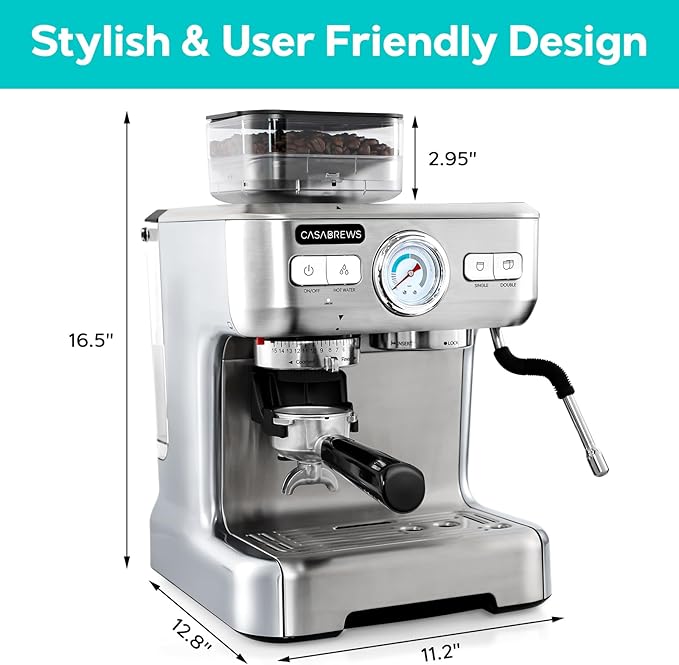 2- Cup Silver/Brushed Stainless Steel All in One 20 Bar Espresso Machine with Grinder and Powerful Steam Wand