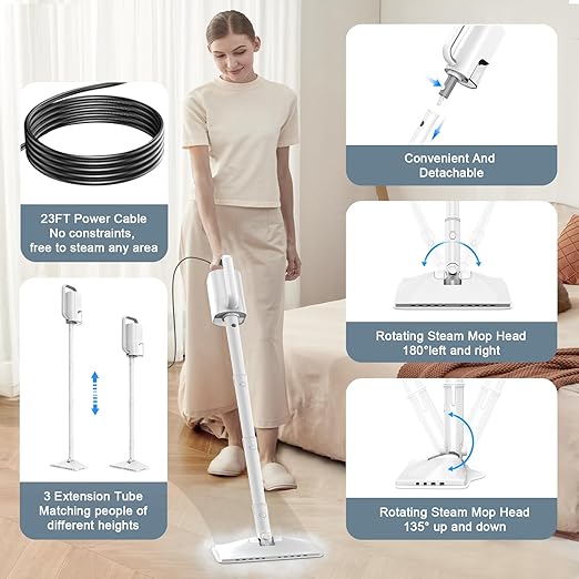 Steam Cleaner, 6 in1 Rotated Steam Mop Cleaner with 2 Modes, 2 Microfiber Pads, Detachable Steam Mops for Floor, Laminate Floor, Tiles Cleaning (White)